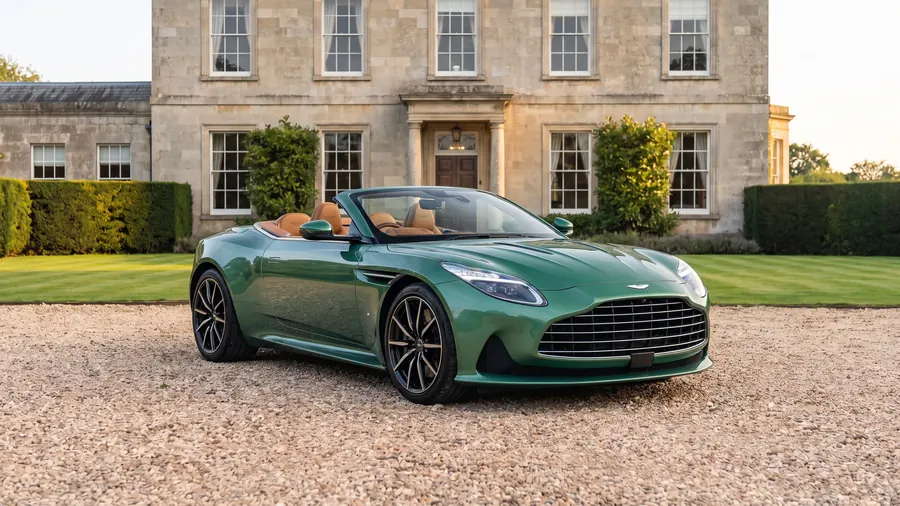 Aston Martin DB12 Volante on the gravel drive of an English country house