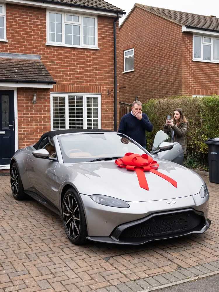 A silver Aston Martin V8 Vantage Roadster with a red bow on the driveway, a birthday surprise