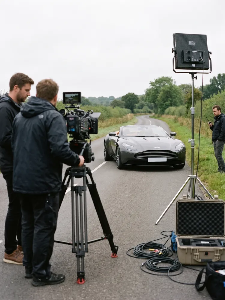 A film crew shooting a grey Aston Martin DB11 Volante on a country road