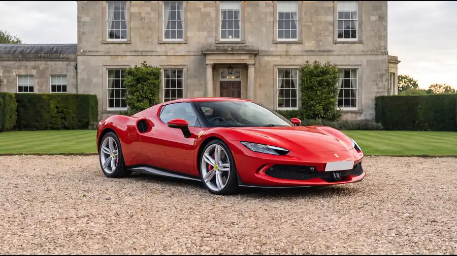 Red Ferrari 296 GTB on the gravel drive of an English country house