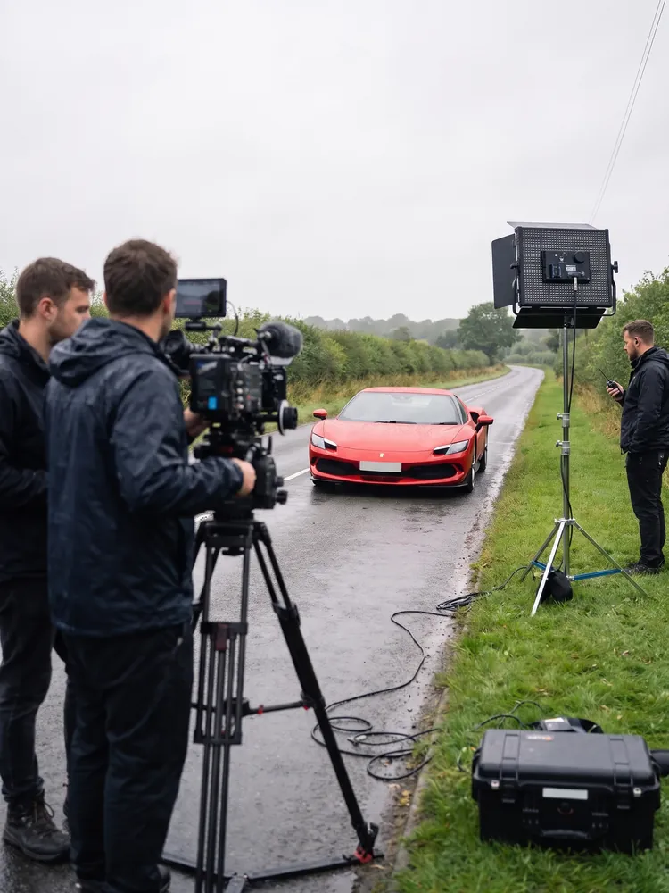 A film crew shooting a red Ferrari 296 GTB on a country road
