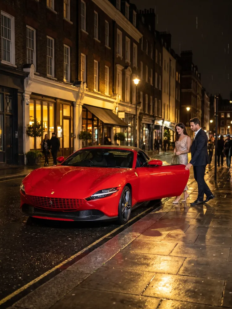 A couple walking to a red Ferrari Roma outside a restaurant at night