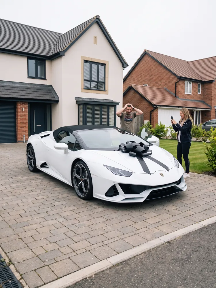A white Lamborghini Huracán EVO Spyder with a bow on a driveway, a birthday surprise