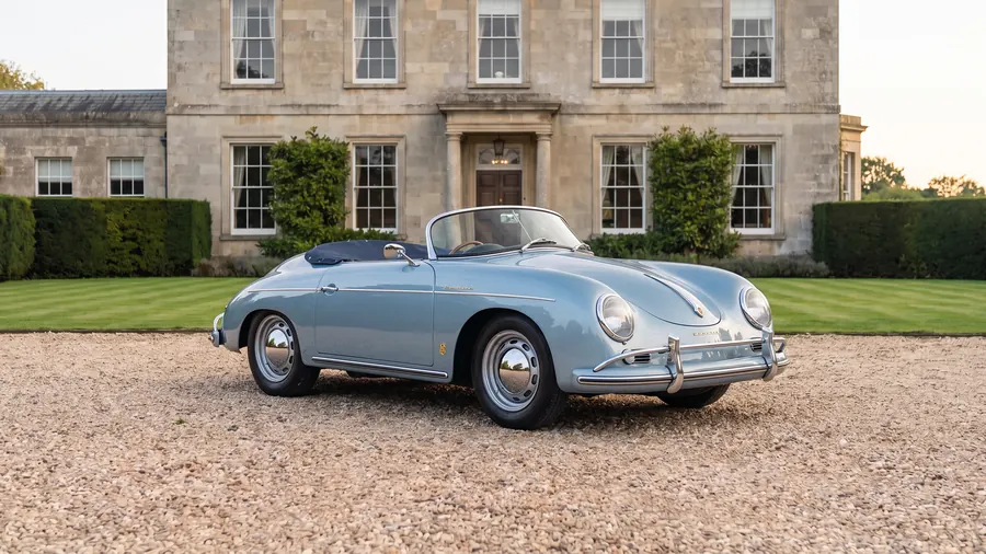 Porsche 356 Speedster on the gravel drive of an English country house